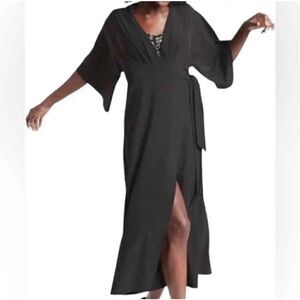Athleta Calistoga Solid Black Quick Dry Wrap Dress Kimono Womens Size small